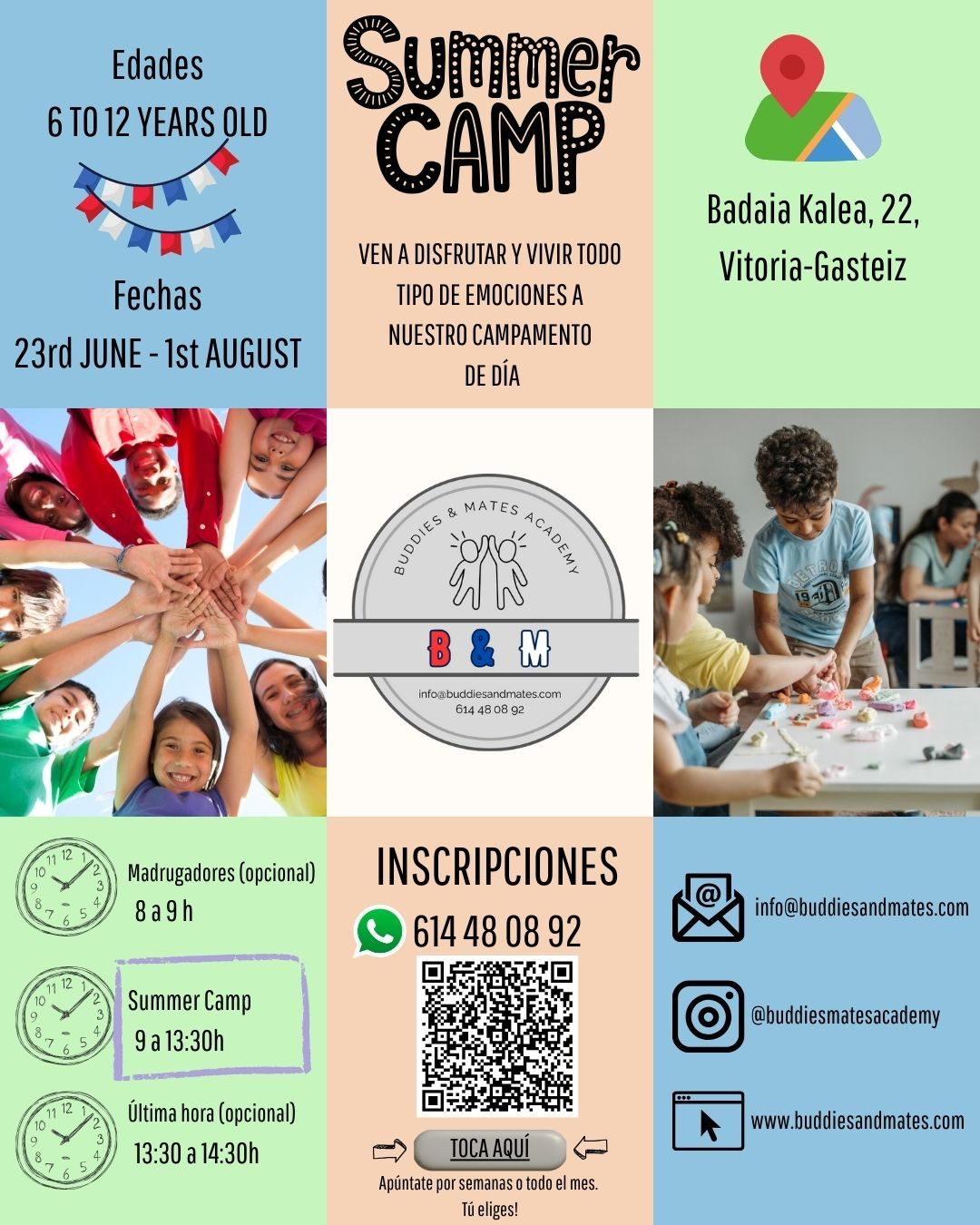 Campamento de verano para niños de 6 a 12 años con actividades educativas y recreativas.
