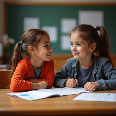 Dos niñas sonrientes trabajan juntas en una tarea escolar en un aula.