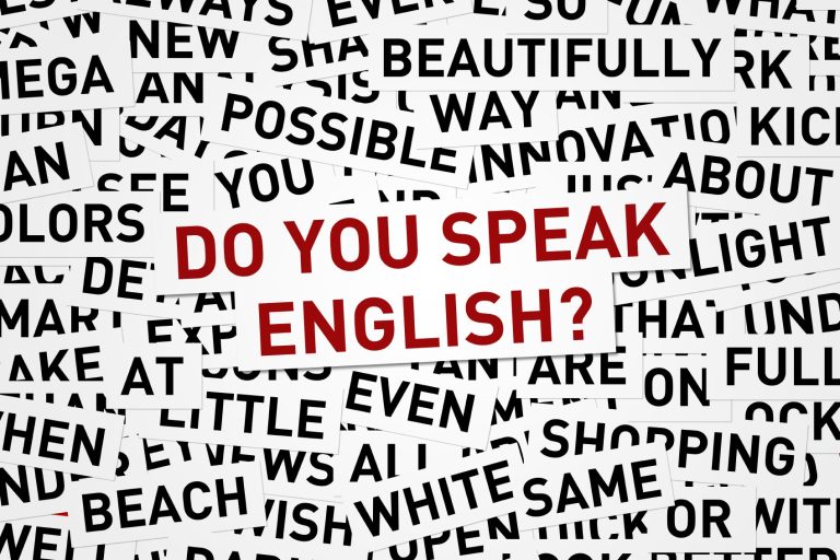 Texto en blanco y negro con la pregunta "¿Hablas inglés?" en rojo brillante.